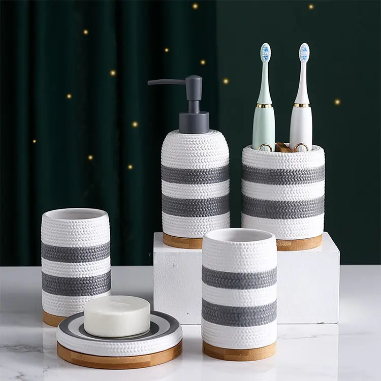 OEM Grey White Striped Woven Texture Ceramic Bathroom 5-Piece Set Exporters, Product