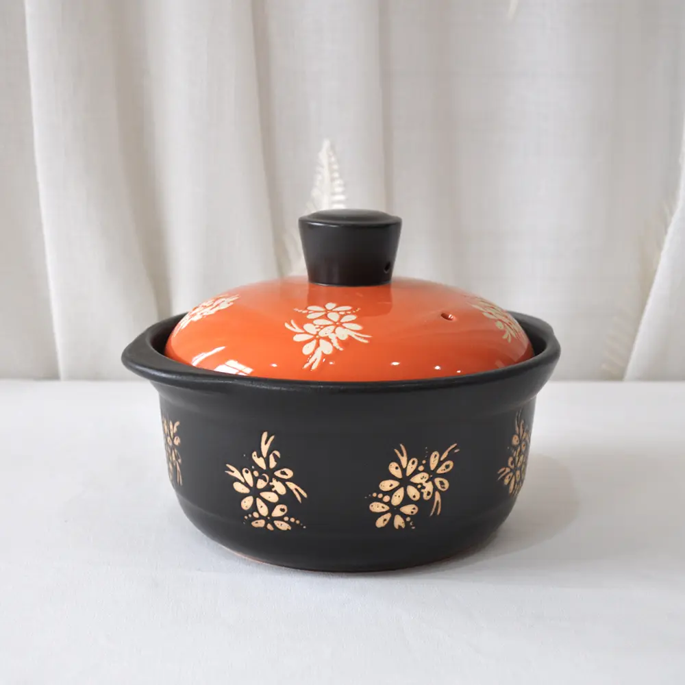China Black & Orange Contrast Floral Pattern Ceramic Casserole Manufacturer, Factories