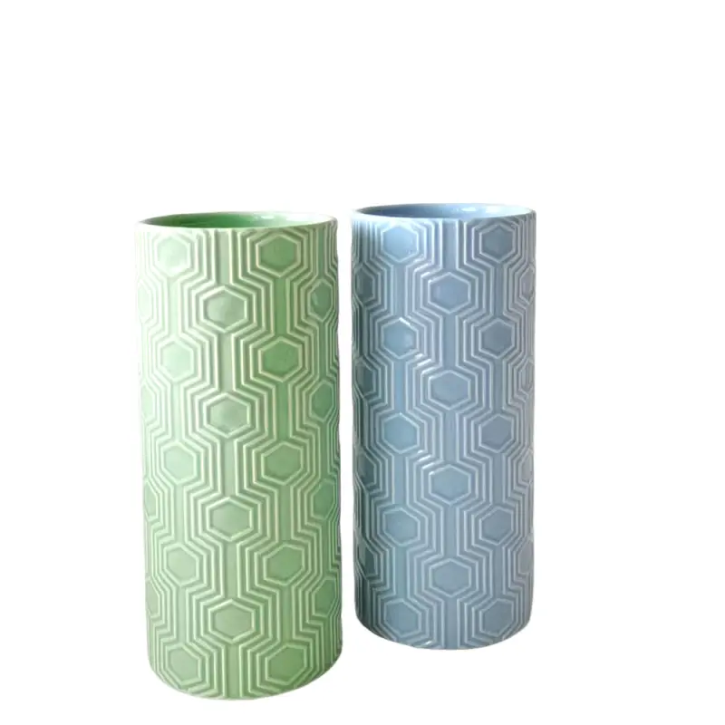 Discount Blue & Green Hexagonal Embossed Ceramic Vase Suppliers, Exporter