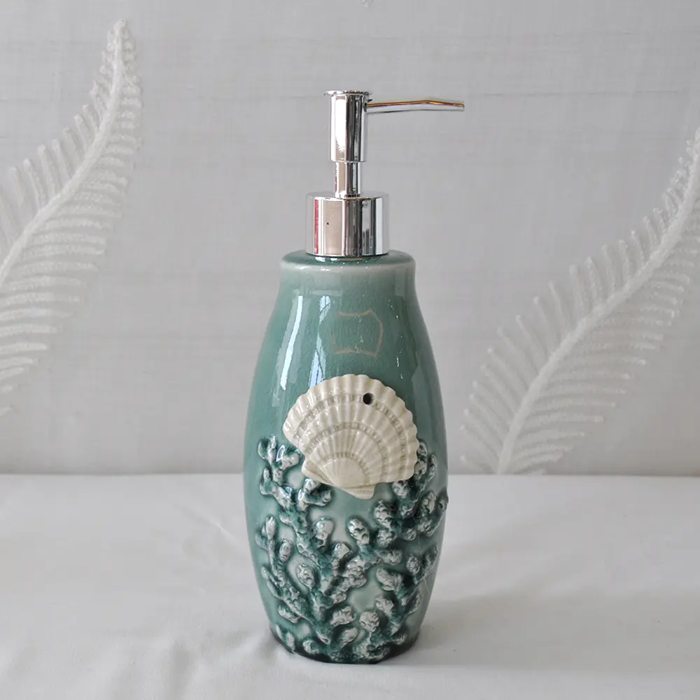 Custom Teal Glaze 3D Shell & Coral Ceramic Bathroom 6-Piece Set Supplier, Factory