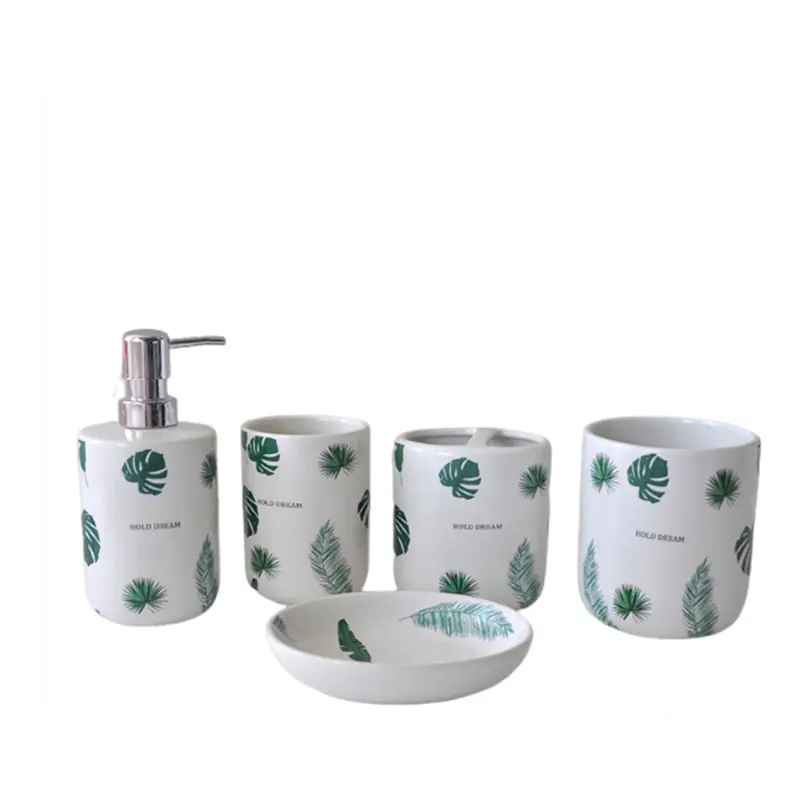 OEM White & Green Tropical Plant - Printed Ceramic Bathroom 5 - Piece Set Exporter, Exporters