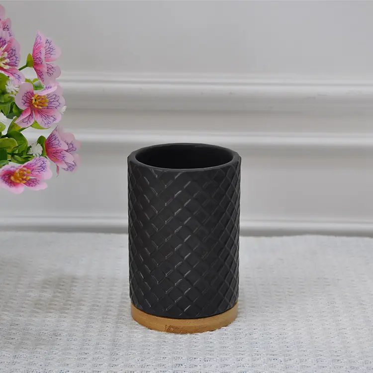 Discount Matte Black Ceramic Bathroom 6-Piece Set with Woven Texture & Wood Base Manufacturer, Company