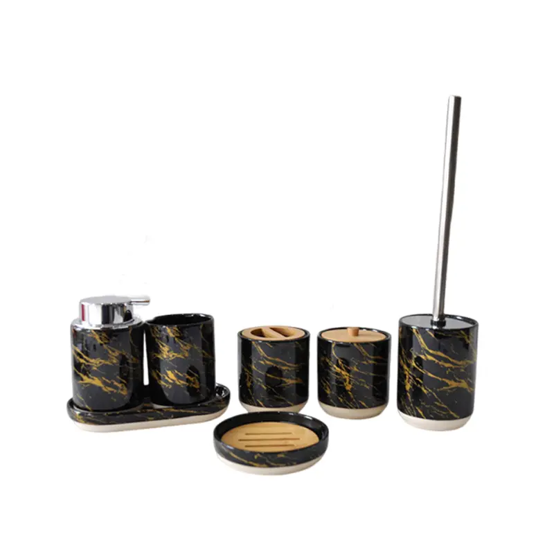 Buy Black & Gold Marble - Patterned Ceramic Bathroom 7 - Piece Set Companies, Products