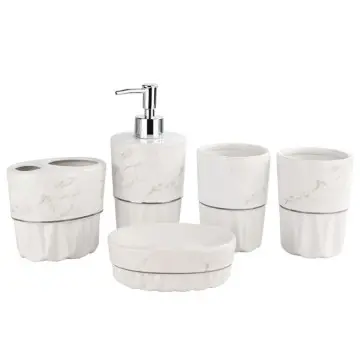 Luxury White Marble Pattern Ceramic Bathroom Accessory Set 5 Pieces Silver