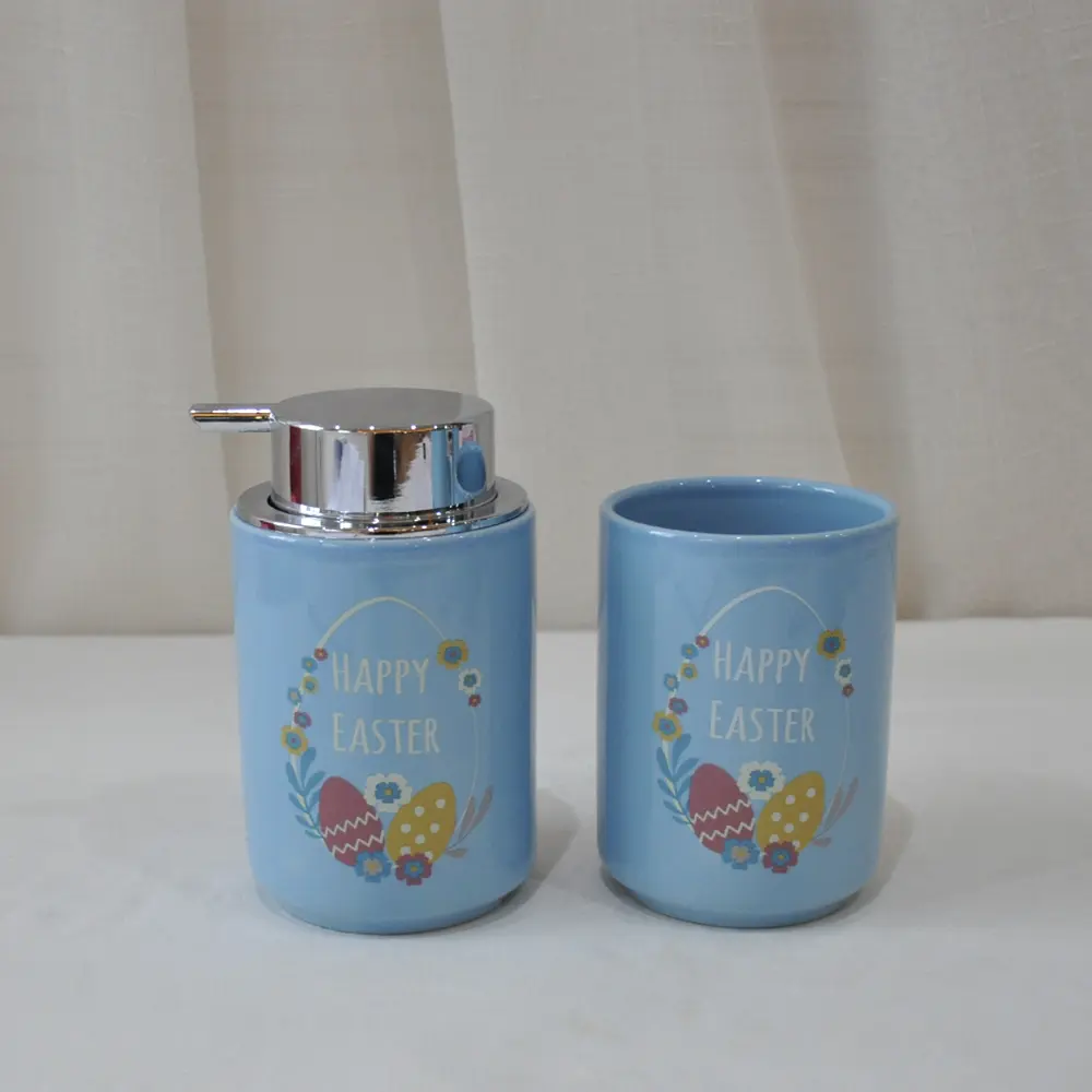 OEM Easter Themed Light Blue Stoneware Bathroom Accessory Set Manufacturers, Company