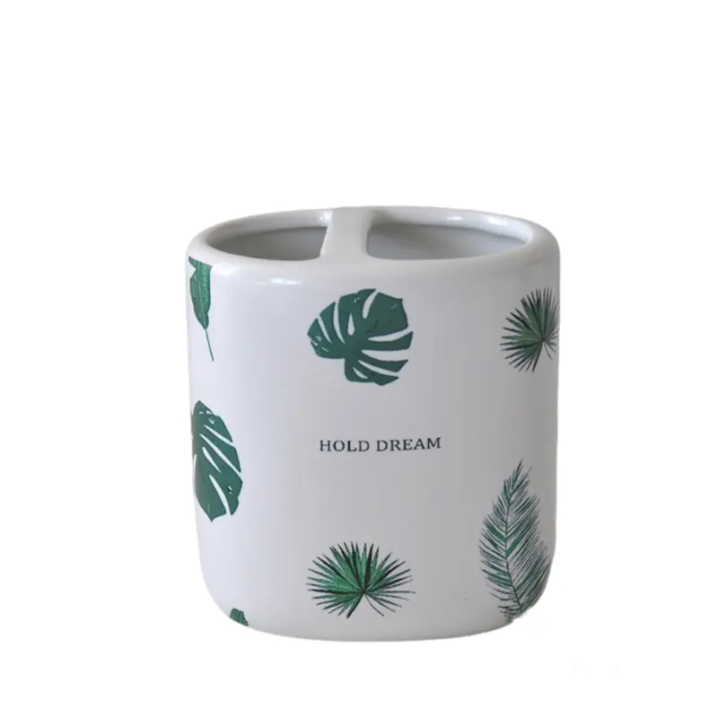 OEM White & Green Tropical Plant - Printed Ceramic Bathroom 5 - Piece Set Exporter, Exporters