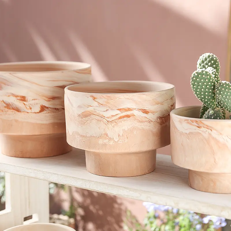 ODM Wabi-Sabi Light Brown Marble Texture Pedestal Ceramic Planter Manufacturers, Exporters