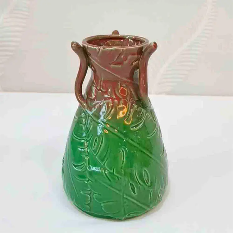Buy Dual - Handled Tropical Leaf - Embossed Gradient Green & Brown Ceramic Vase | Artistic Home Decor Supplier, Exporter
