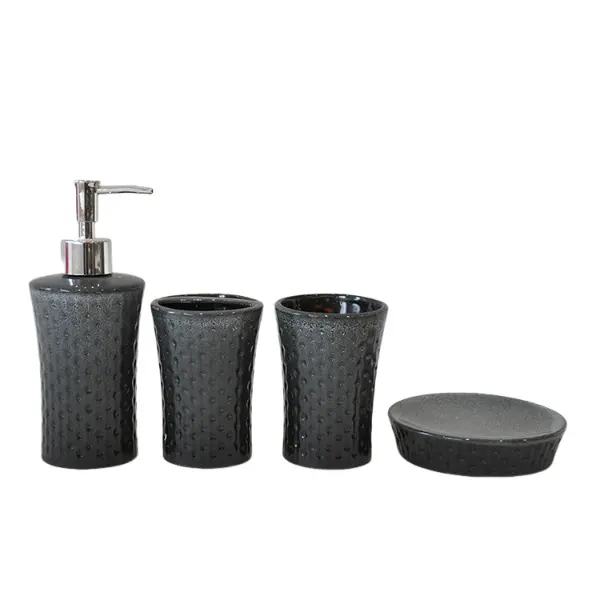Custom Modern Textured Black Ceramic 4 - Piece Bathroom Set | Sleek Bathroom Accessories Suppliers, Exporter