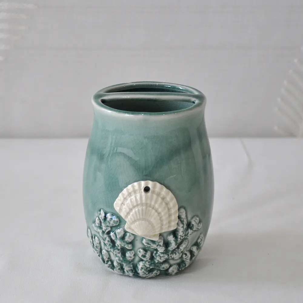 Custom Teal Glaze 3D Shell & Coral Ceramic Bathroom 6-Piece Set Supplier, Factory
