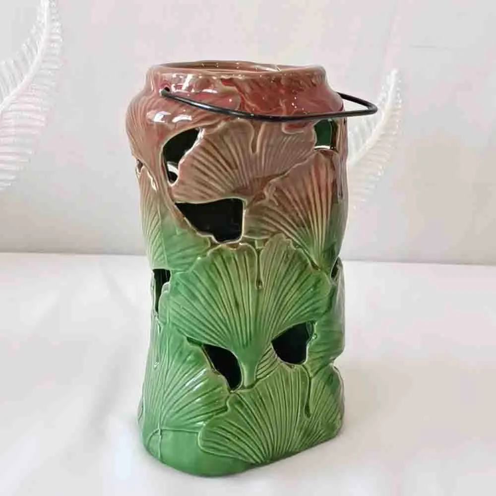 jiashun Artistic Red - Brown to Green Gradient Ginkgo Leaf - Embossed Cutout Ceramic Candle Holders with Handles Exporters, Companies