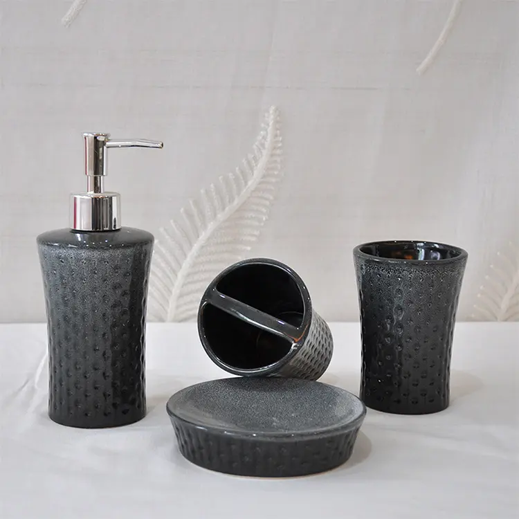 Custom Modern Textured Black Ceramic 4 - Piece Bathroom Set | Sleek Bathroom Accessories Suppliers, Exporter
