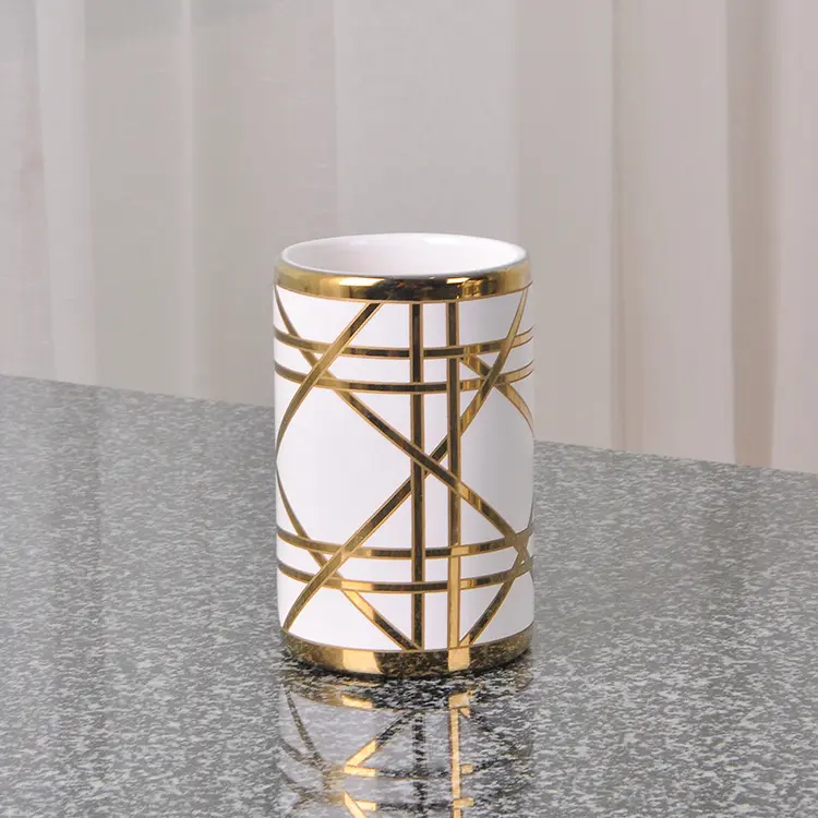 Custom Luxury Gold Design Ceramic Bathroom Accessories Set 6pcs Bathroom Ensemble for Decorative Countertop and Housewarming Gift Factory, Exporter