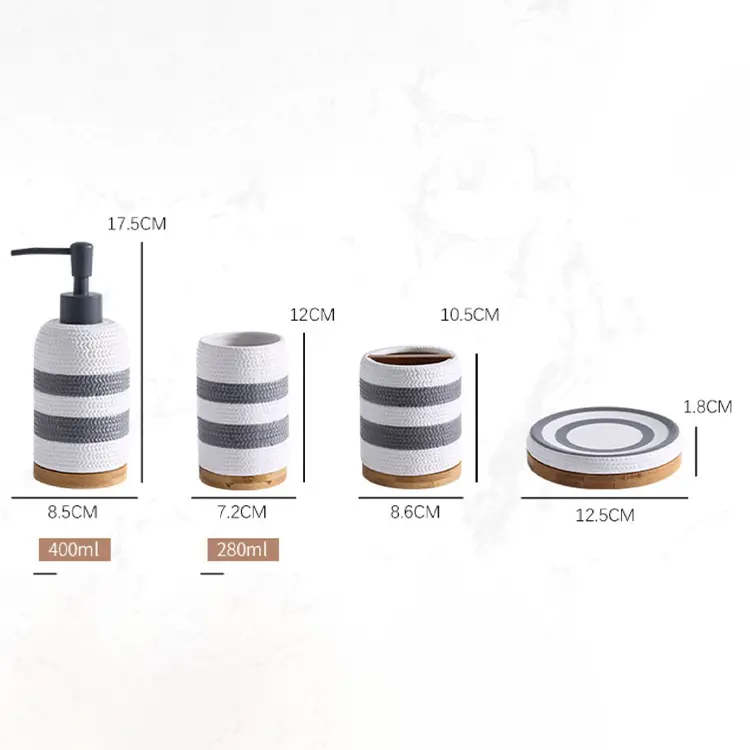 Grey White Striped Woven Texture Ceramic Bathroom 5-Piece Set