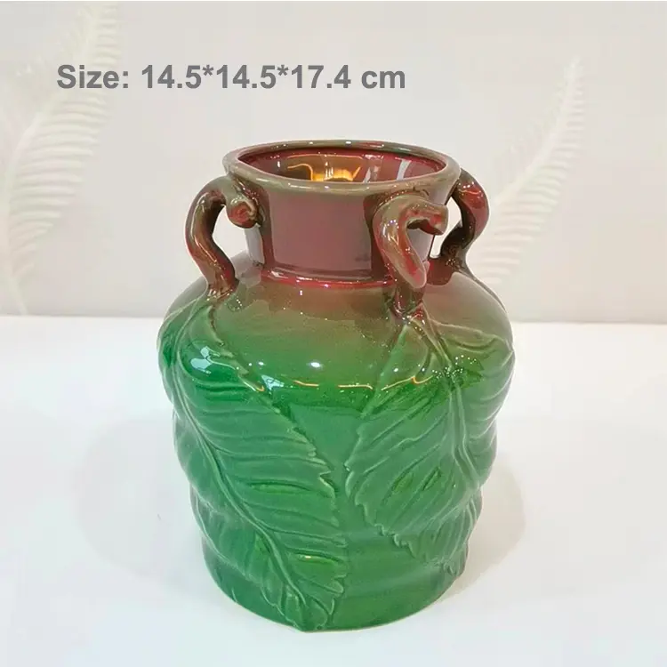 Artistic Tropical Leaf Embossed Ceramic Vase Detail View