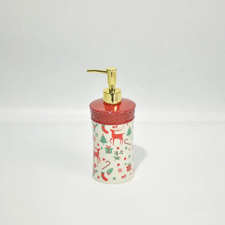 OEM Christmas Red Trim Reindeer & Christmas Tree Ceramic Bathroom 4-Piece Set Factories, Product