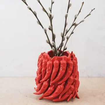 Vibrant 3D Red Chili Pepper Glossy Ceramic Vase 23.3x23.3x22.2cm Artistic