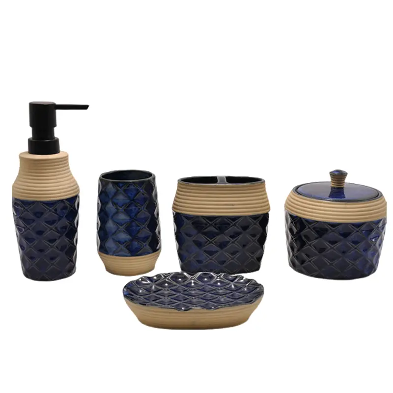 jiashun Navy Blue Embossed Stoneware Bathroom 5 - Piece Set Manufacturer, Exporter