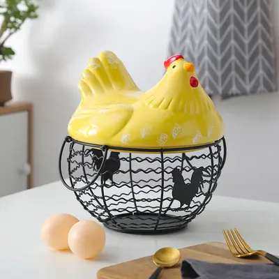 OEM Macaron Pink Distressed Ceramic Hen Lid Iron Wire Basket Storage Decor Factories, Exporters
