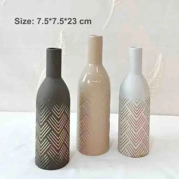 Morandi Color Herringbone Embossed Wine Bottle-Shaped Stoneware Vase