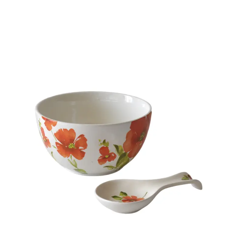 Cheap Watercolor-Style Red Floral Ceramic Soup Bowl and Spoon Rest Set Suppliers, Products