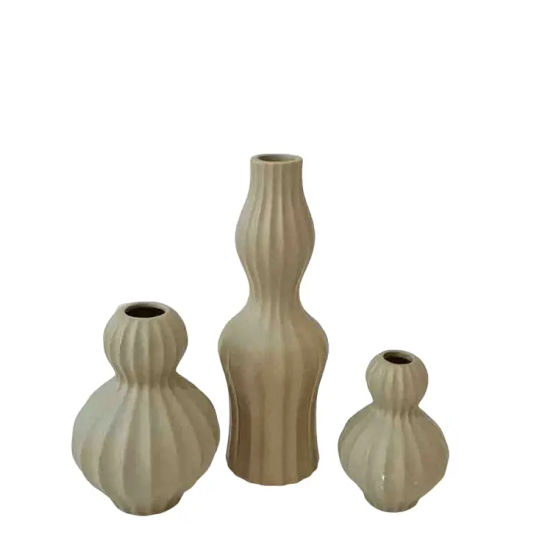 Wholesale Wabi-Sabi Light Brown Vertical Ribbed Gourd-Shaped Stoneware Vase Companies, Product