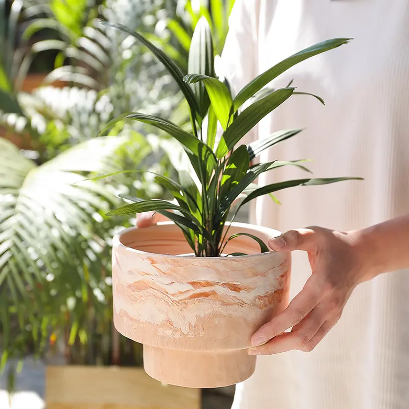 ODM Wabi-Sabi Light Brown Marble Texture Pedestal Ceramic Planter Manufacturers, Exporters