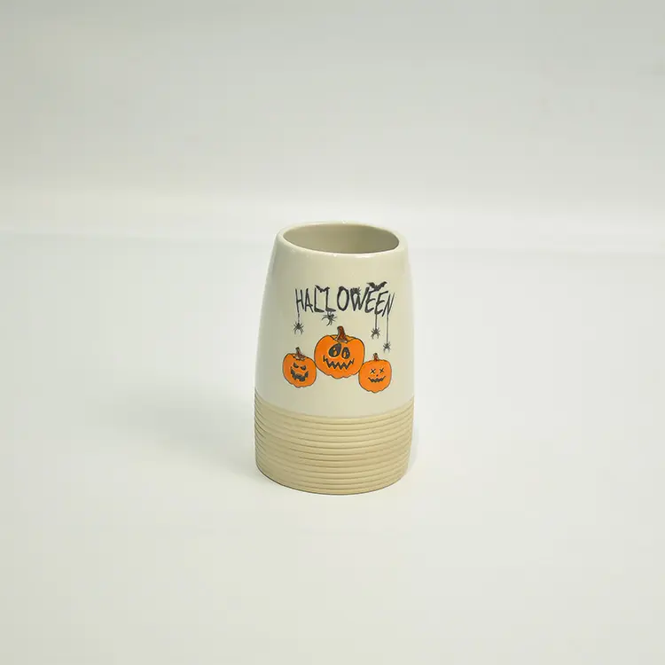 Buy Halloween Pumpkin-Printed Beige-Brown Ribbed Stoneware Bathroom Accessory Set Factory, Company