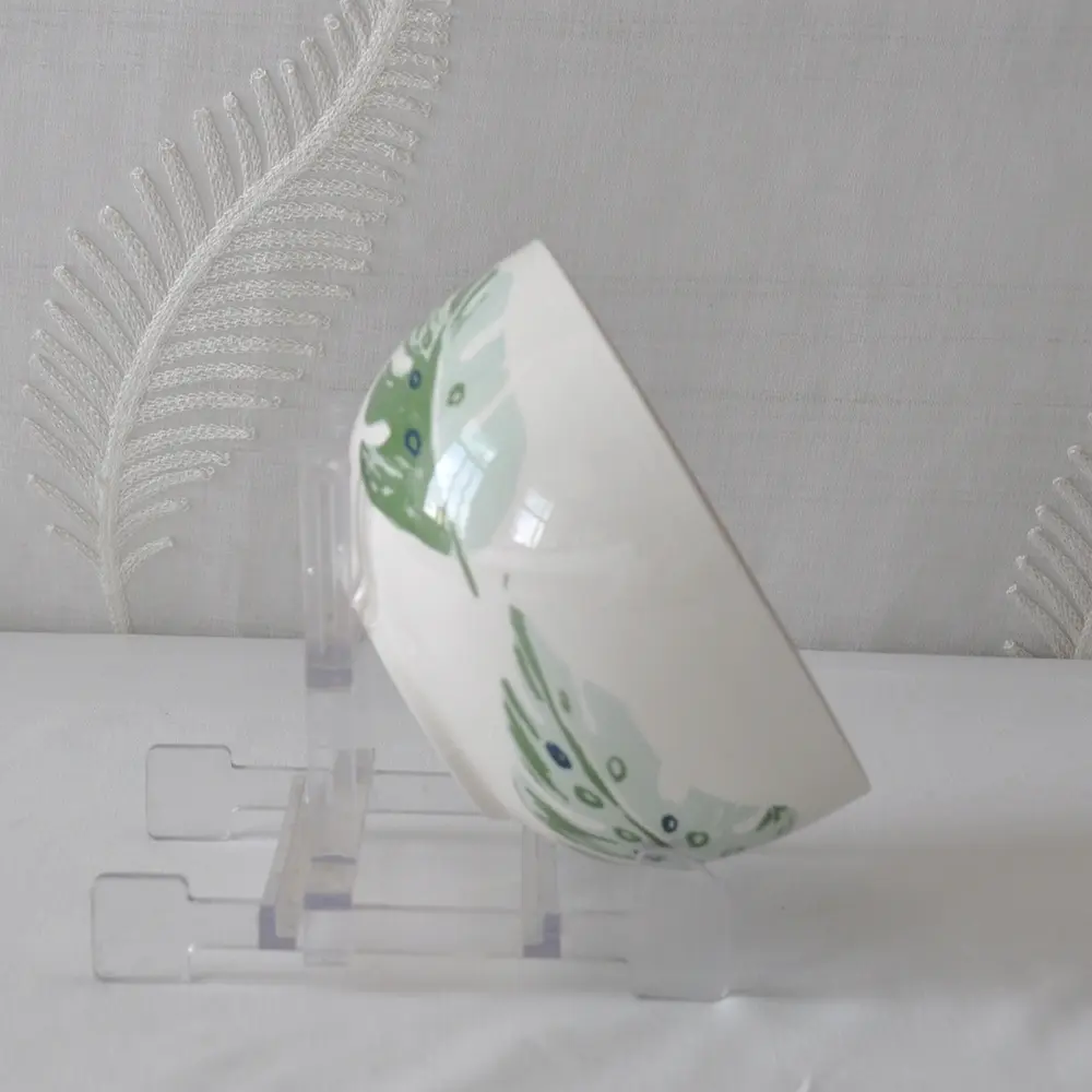 China Color Block Pink Interior Hand Painted Monstera Leaf Ceramic Bowl Exporter, Company