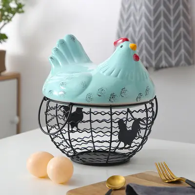 OEM Macaron Pink Distressed Ceramic Hen Lid Iron Wire Basket Storage Decor Factories, Exporters