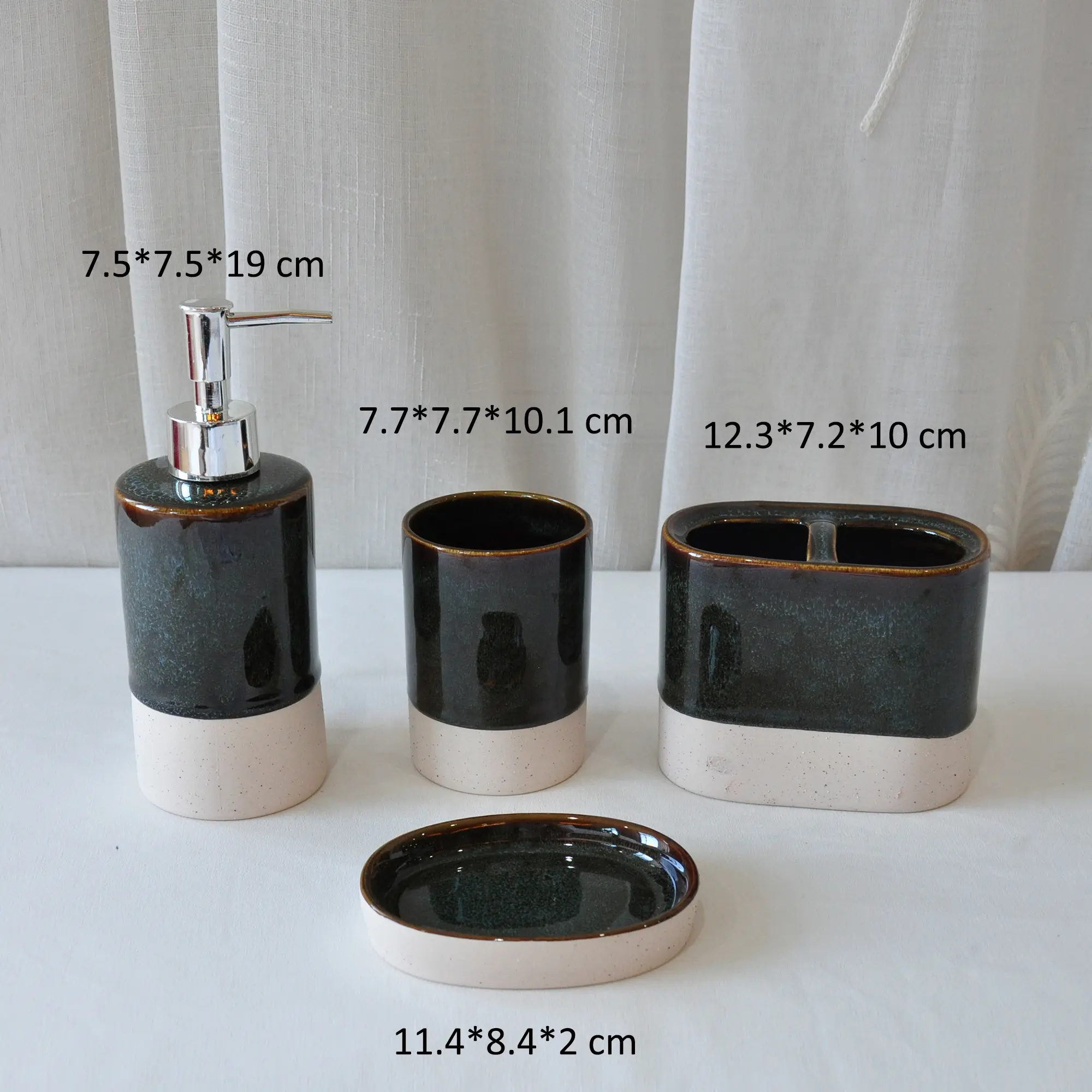 Modern Deep Green & Beige Glazed Stoneware Bathroom Accessory Set