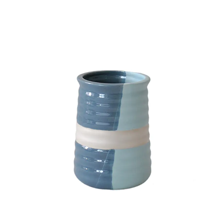 Custom Blue & White Color - Blocked Ribbed - Texture Stoneware Bathroom 5 - Piece Set Manufacturers, Companies