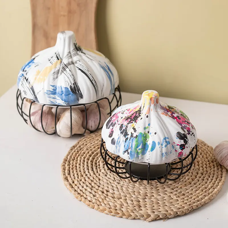 Discount Artistic Graffiti Garlic-Shaped Ceramic Lid with Iron Stand Storage Decor Exporter, Product