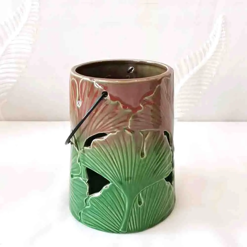jiashun Artistic Red - Brown to Green Gradient Ginkgo Leaf - Embossed Cutout Ceramic Candle Holders with Handles Exporters, Companies