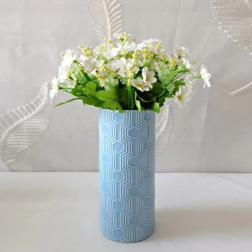 Discount Blue & Green Hexagonal Embossed Ceramic Vase Suppliers, Exporter
