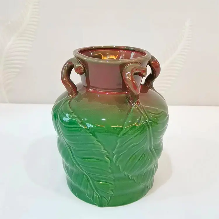 Discount Dual - Handle Leaf - Embossed Gradient Green & Brown Ceramic Vase Factory, Exporter