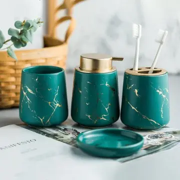 Luxury Marble-Pattern Ceramic Bathroom Set Peacock Green Black White