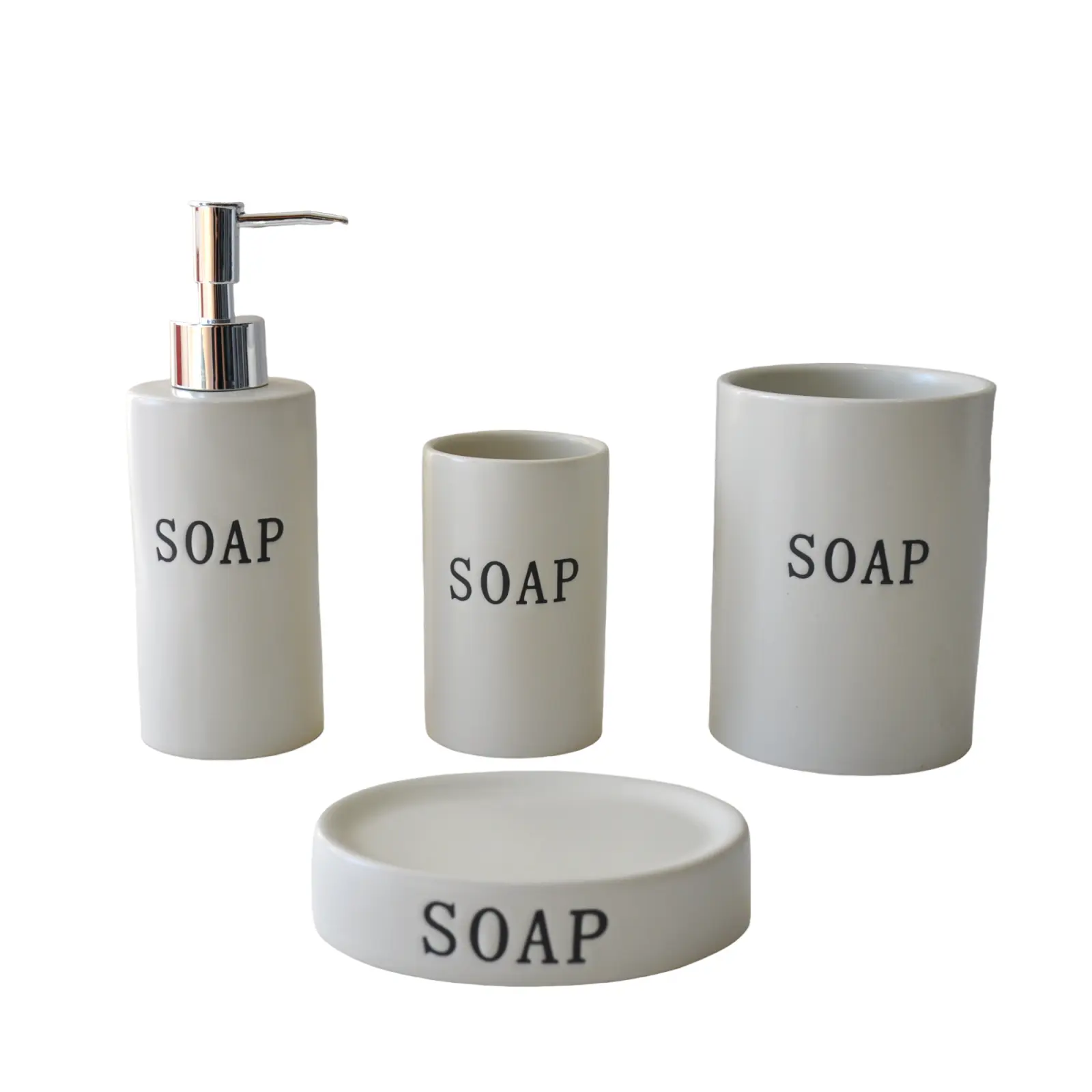 China Minimalist Beige Stoneware Bathroom Accessory Set with "SOAP" Text Factory, Products