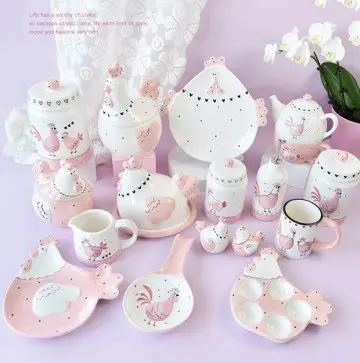 Cute Pink White Chicken Ceramic Tableware Decor Set Adorable Home Kitchen