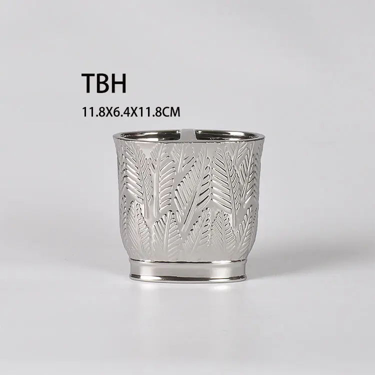 Silver Glazed Ceramic Bathroom Set - Leaf Motif Close-up