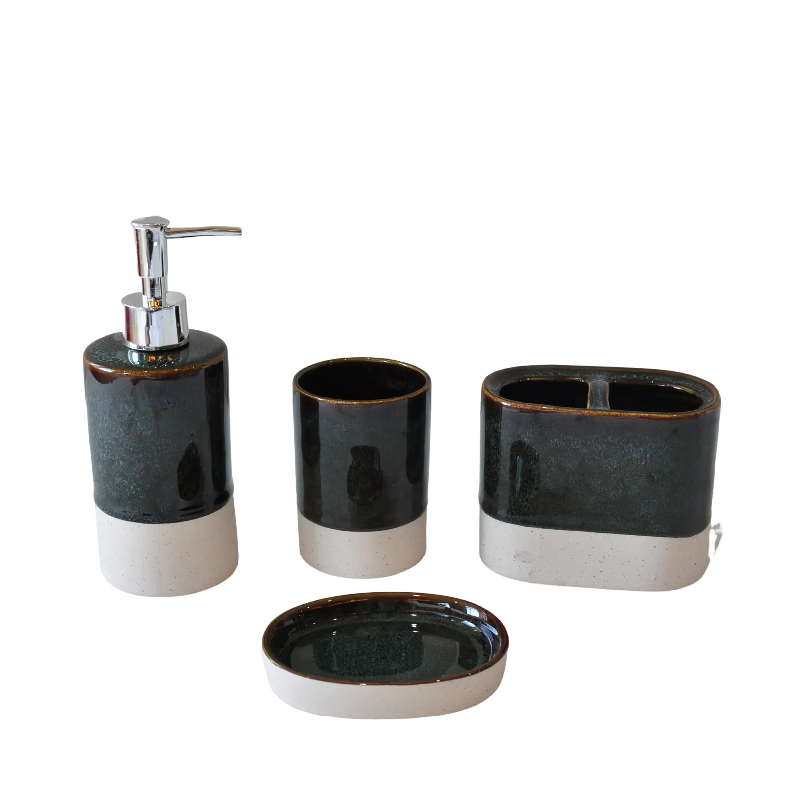 jiashun Modern Deep Green & Beige Glazed Stoneware Bathroom Accessory Set Exporter, Companies