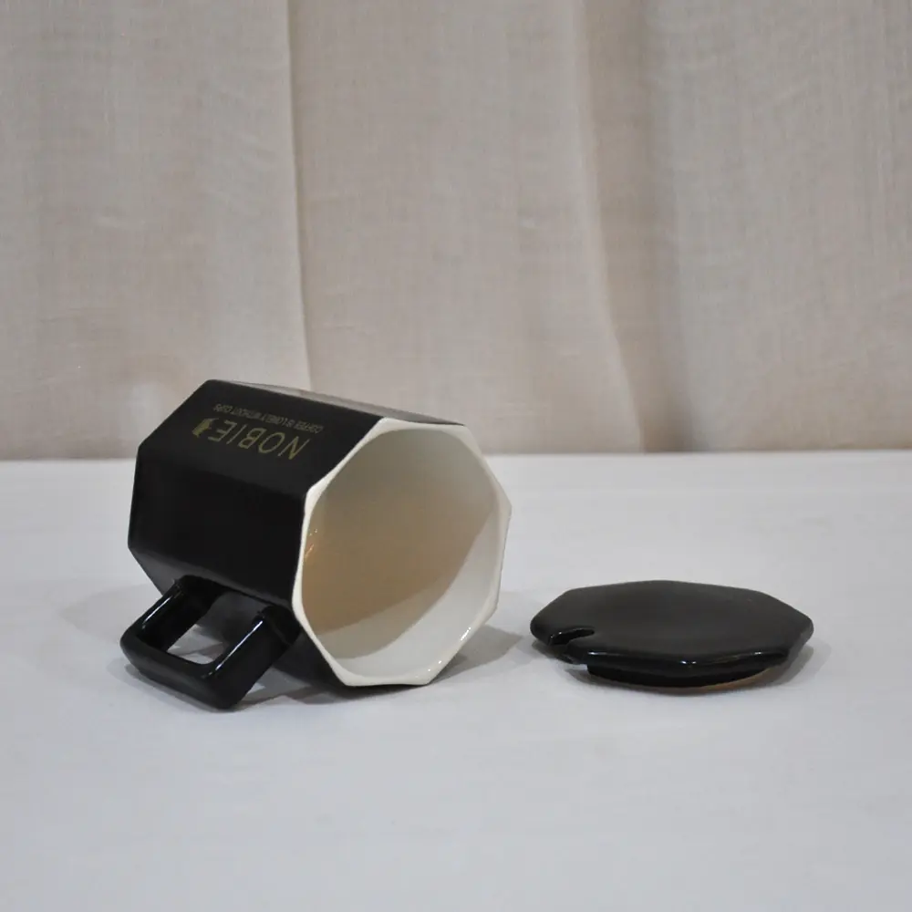 China Minimalist Luxury Matte Black Octagonal Ceramic Coffee Mug with Lid Factory, Company