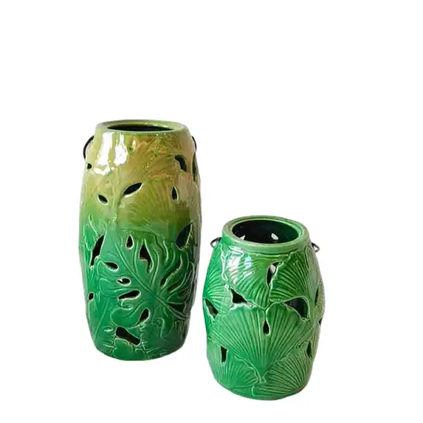 Discount Set of 2 Tropical Leaf - Embossed Hollow - Out Green Ceramic Vases | Decorative Lantern Accents Suppliers, Exporters
