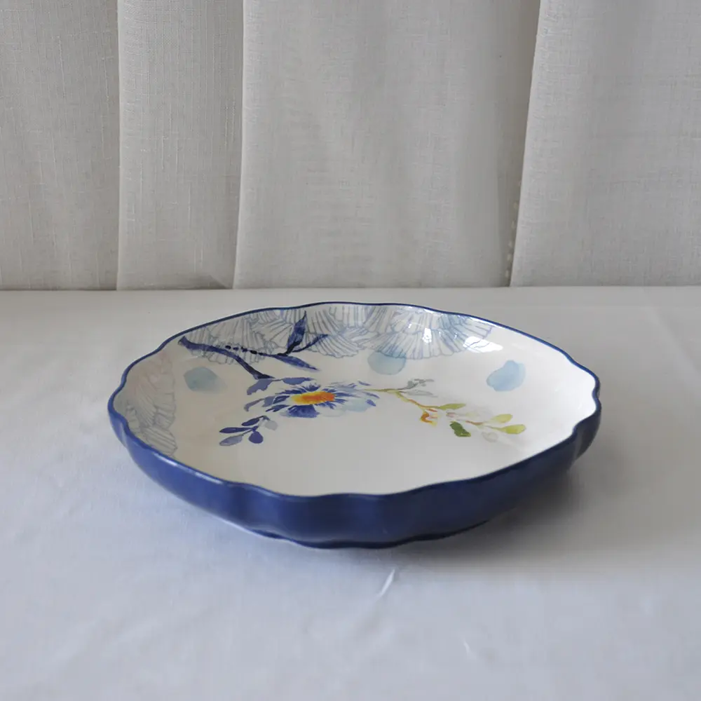 jiashun Watercolor Style Blue Rimmed Scalloped Edge Floral Ceramic Dinner Plate Manufacturer, Exporters