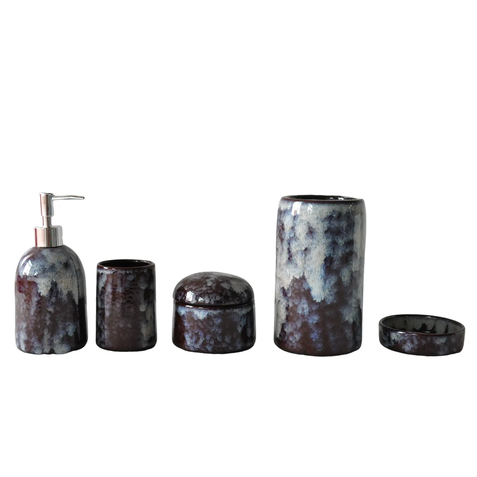 OEM Wabi-Sabi Deep Brown Kiln-Change Splatter Stoneware Bathroom Accessory Set Product, Products
