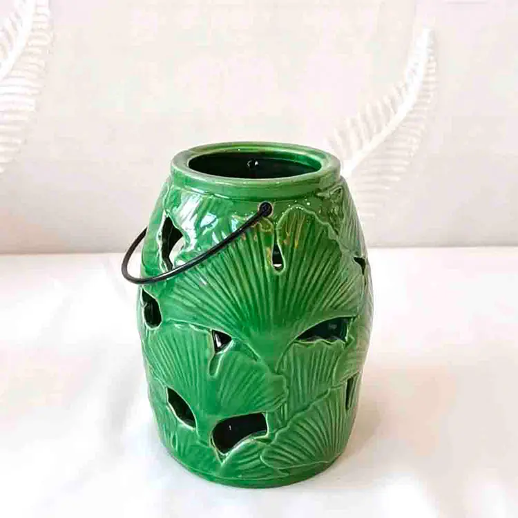 Discount Set of 2 Tropical Leaf - Embossed Hollow - Out Green Ceramic Vases | Decorative Lantern Accents Suppliers, Exporters