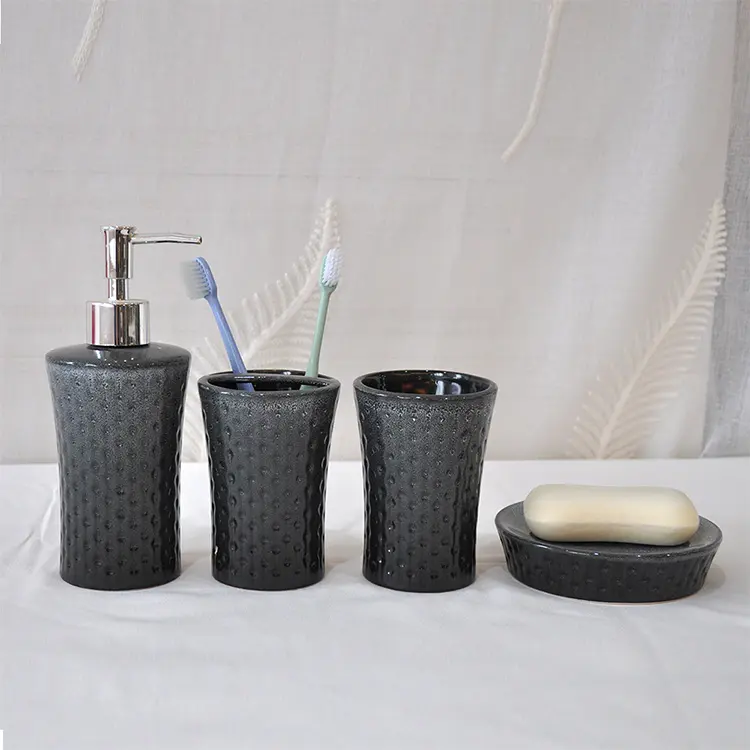 Custom Modern Textured Black Ceramic 4 - Piece Bathroom Set | Sleek Bathroom Accessories Suppliers, Exporter