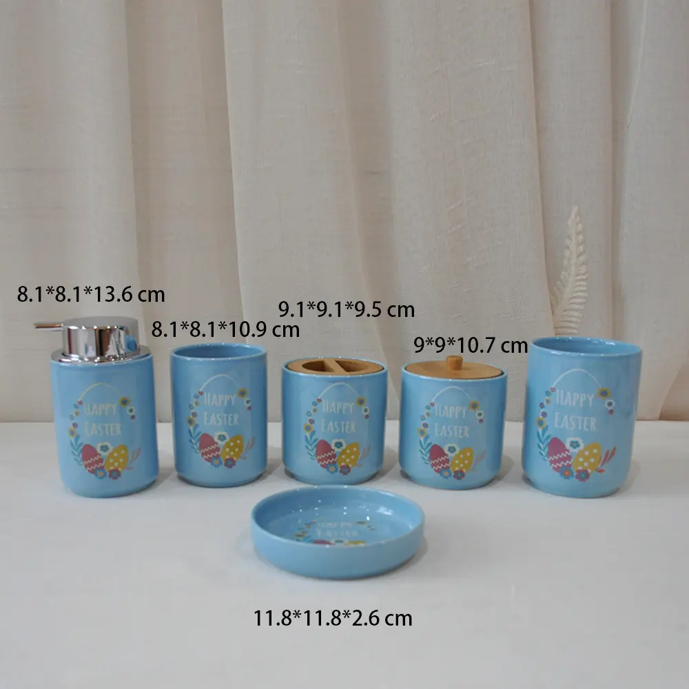 Easter-Themed Light Blue Stoneware Bathroom Accessory Set
