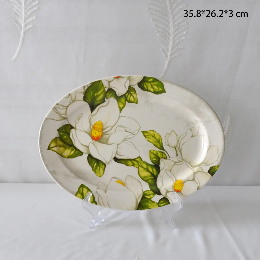 Fresh Magnolia Flower Printed Oval Ceramic Platter