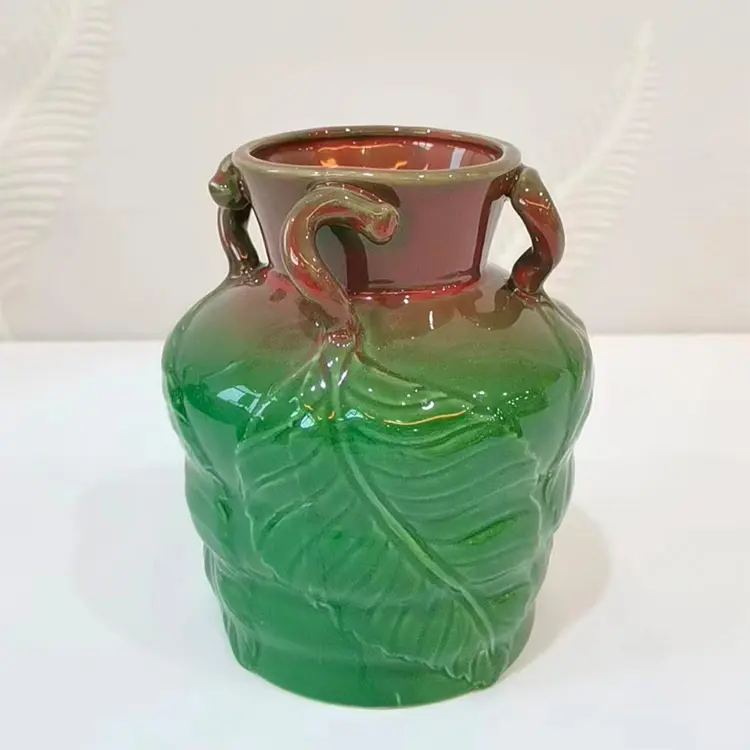 Discount Dual - Handle Leaf - Embossed Gradient Green & Brown Ceramic Vase Factory, Exporter
